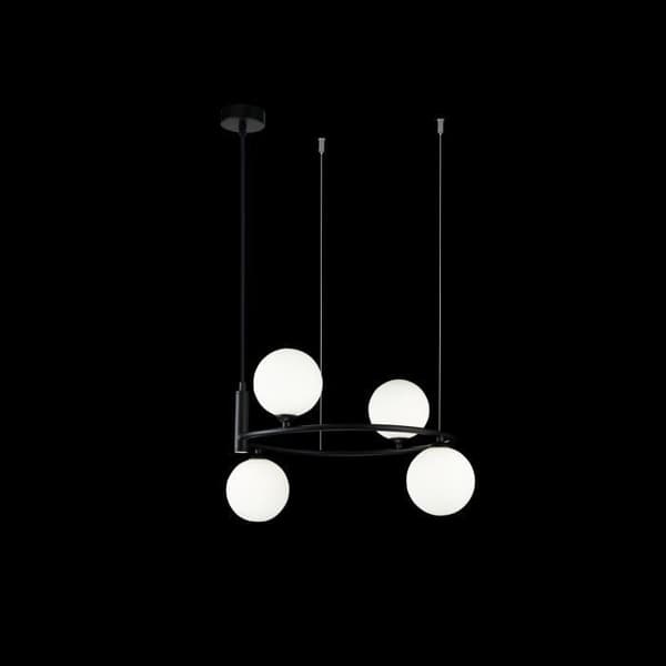 Utsökt 4-Light Suspension Chandelier, skålformad, svartfärgad metallram, vitfärgade taklampor i glas, för