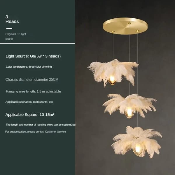 Fjerpendantlampe, 3 hoveder, justerbar højde,3 hoveder, Tricolor dæmpning