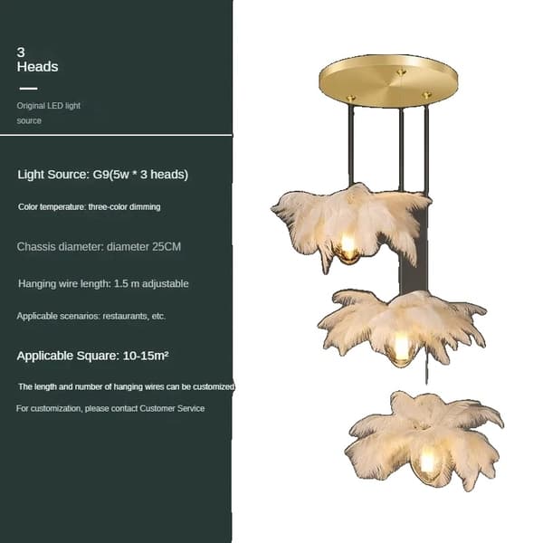 Fjerpendantlampe, 3 hoveder, justerbar højde,3 hoveder, Tricolor dæmpning