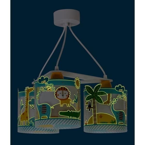 Dalber - 3-ljus hänglampa för barn - My Little Jungle - Djungeldjursmotiv..., L 39 cm, H 20 cm, Vit, blå