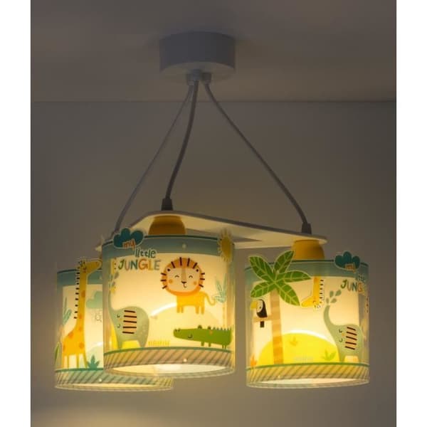 Dalber - 3-ljus hänglampa för barn - My Little Jungle - Djungeldjursmotiv..., L 39 cm, H 20 cm, Vit, blå