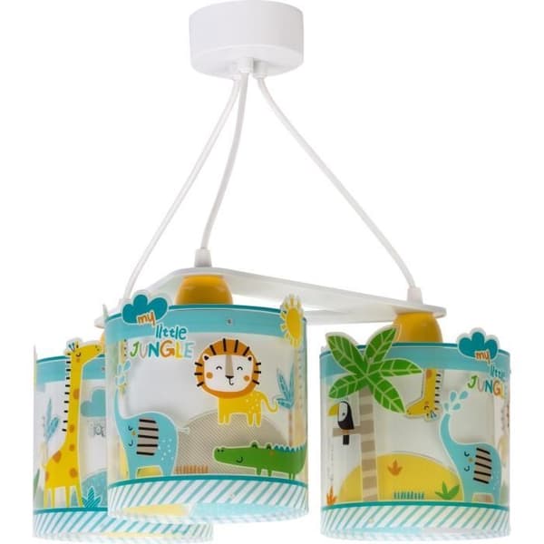 Dalber - 3-ljus hänglampa för barn - My Little Jungle - Djungeldjursmotiv..., L 39 cm, H 20 cm, Vit, blå Multifärg