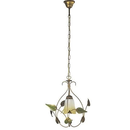 ONLI click your light ONLI - Hänglampa i brun metall med gyllene skärmar och gröna blad. Elfenbensglas