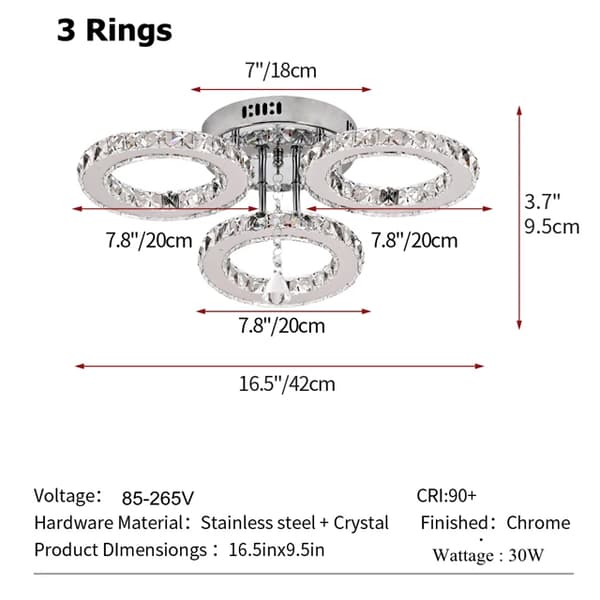 Modern LED Kristallpendellampa, Stilren Design i Rostfritt Stål,3 Ringar, Varmt ljus utan RC