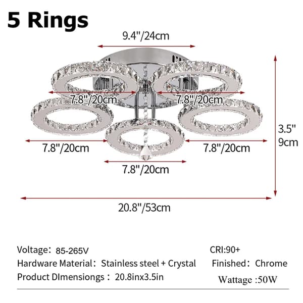 Modern LED Kristallpendellampa, Stilren Design i Rostfritt Stål,Varmt ljus utan RC, 5 Ringar