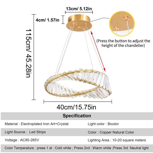 Lyxig Krona, Justerbar Höjd, Dimbar LED-belysning,D40CM, föränderlig