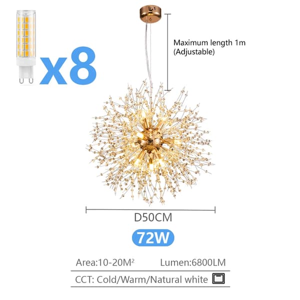 Krona, 72W Effekt, 6800LM Ljusstyrka, 50CM Diameter,Guld