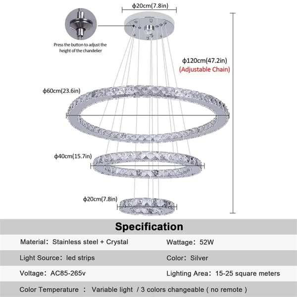 Indendørs Ring Led Krone Lysekrone, Luksus K9 Krystal, Hængende Armatur,Kold Hvid, D20x40x60 cm