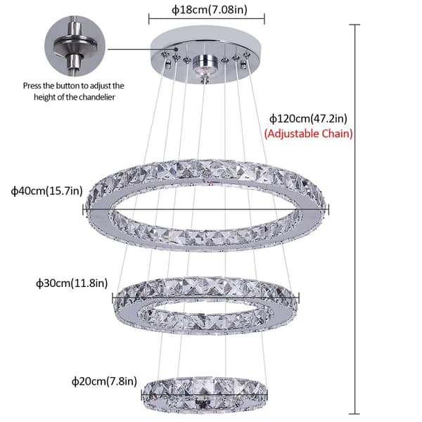 Indendørs Ring Led Krone Lysekrone, Luksus K9 Krystal, Hængende Armatur,Varm Hvid, D20X30X40 cm