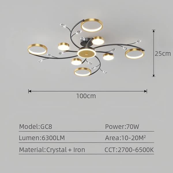 Modern LED Taklampa, Dimbar, Kristall + Järn,8 huvuden