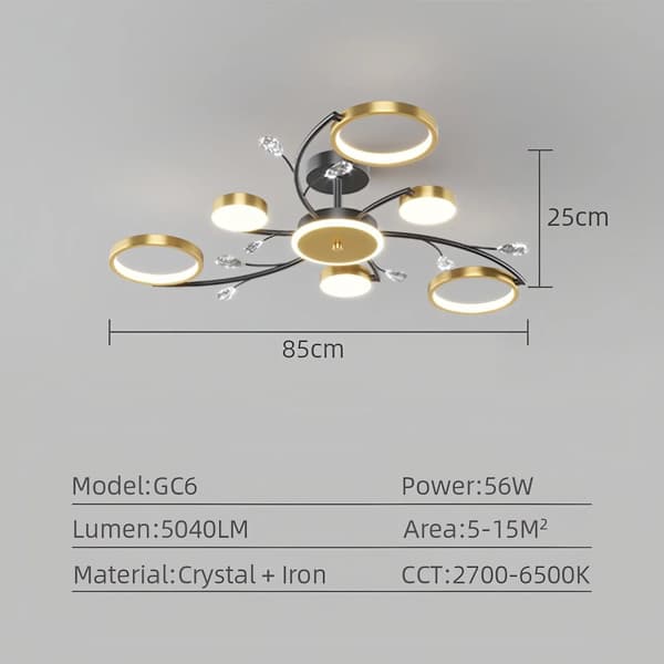 Modern LED Taklampa, Dimbar, Kristall + Järn,6 huvuden