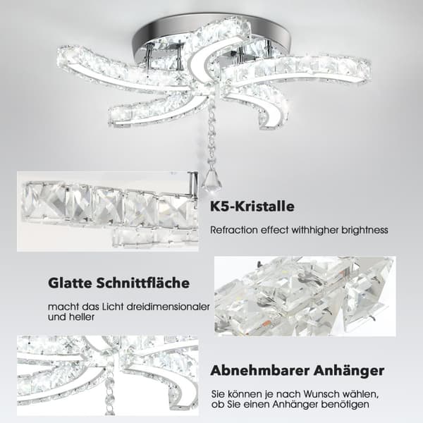 Kristall LED Taklampa, Modern Stilren Design, Energibesparande Belysning,Kall vit, 50cm, 24W