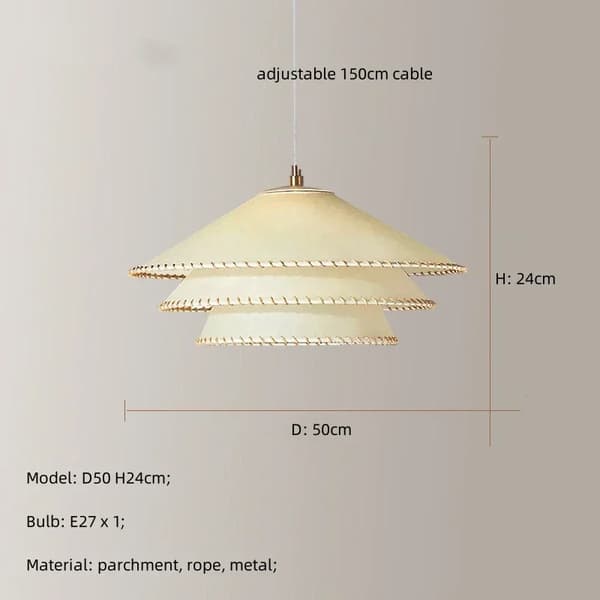 Minimalistinen pergamenttikruunu, säädettävä korkeus, E27-lamppu mukana,lämmin valo, D50cm