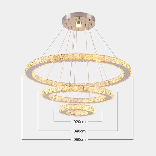 Hängande lampa, design med kristallringar, dimbar LED-teknik, 20x40x60cm ringar, Kallvit