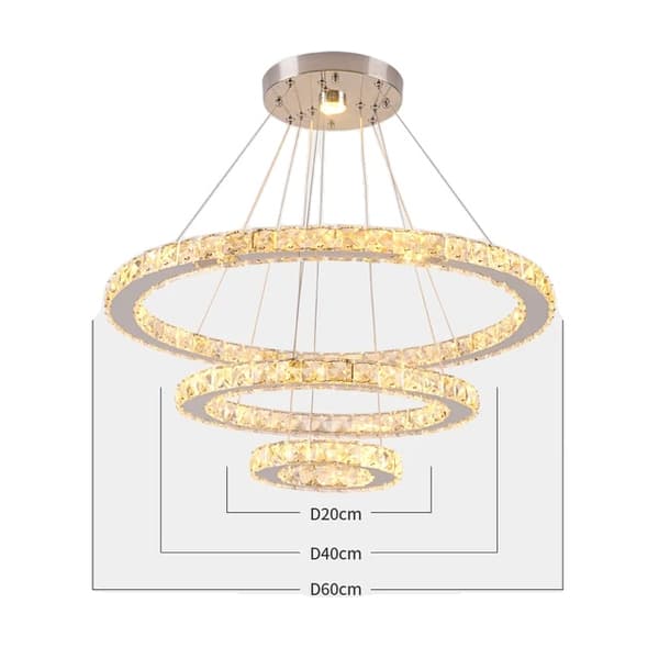 Hängande lampa, design med kristallringar, dimbar LED-teknik, 20x40x60cm ringar, Kallvit