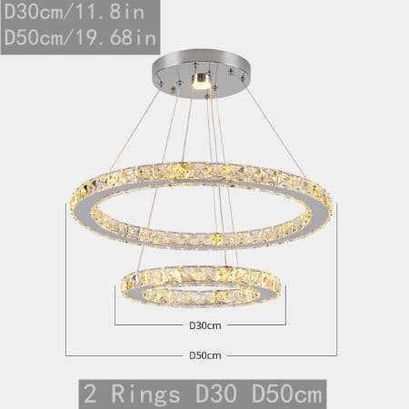 Ylellinen kristalli-LED-riippuvalaisin, vaihdettava valon väri, moderni muotoilu,2 renkaat D50XD30cm, Lämmin Valkoinen