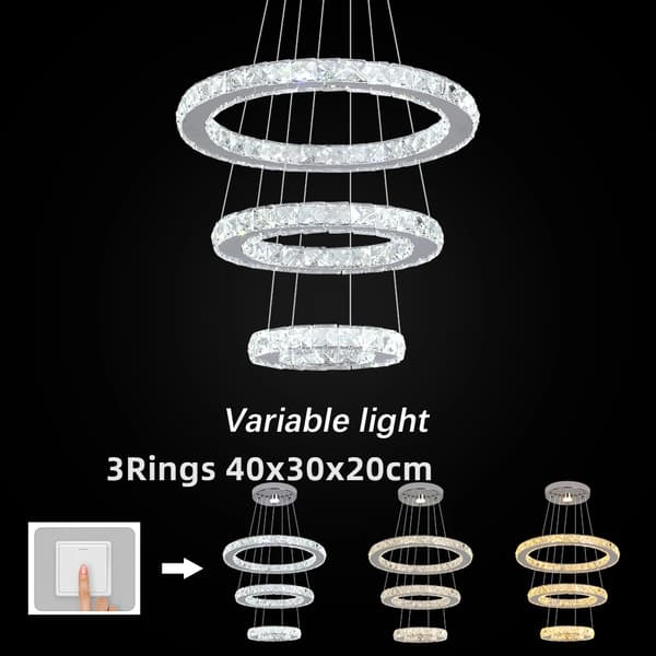Kristallkrona, föränderliga ljusfärger, elegant modern design,3Ring 40x30x20cm, 3 färger utbytbara