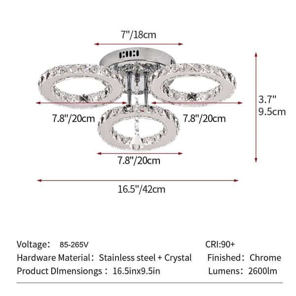 Modern LED Kristall Taklampa, 2600lm, Krom Finish,3 ringar, fjärrkontroll