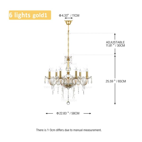 Kristallkrona, Sex-Ljus Design, Justerbar Höjd, Elegant Guld Finish,6 armar guld