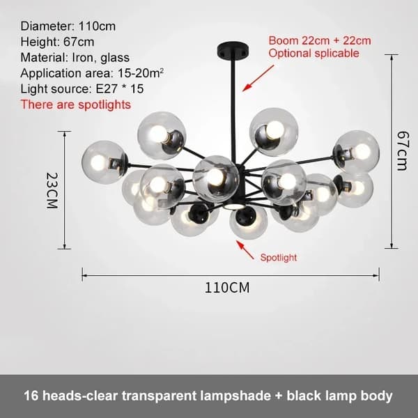 Modern glaschandelier, järn- och glasmaterial, flera lampskärmval, lämplig för 15-20 m²,Trikolor dimning, 16 huvuden Transparent