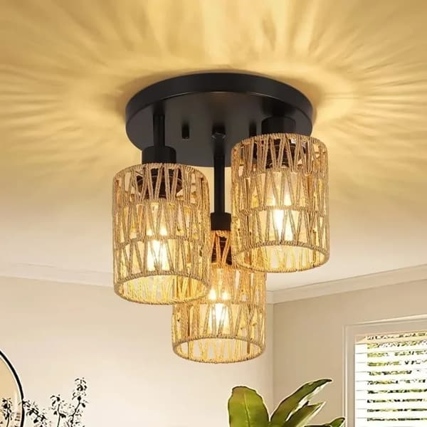 Lätt Rattan Kandelaber, Handvävd Wicker Skärm, Sladdpendelinstallation,3, Ingen lampa