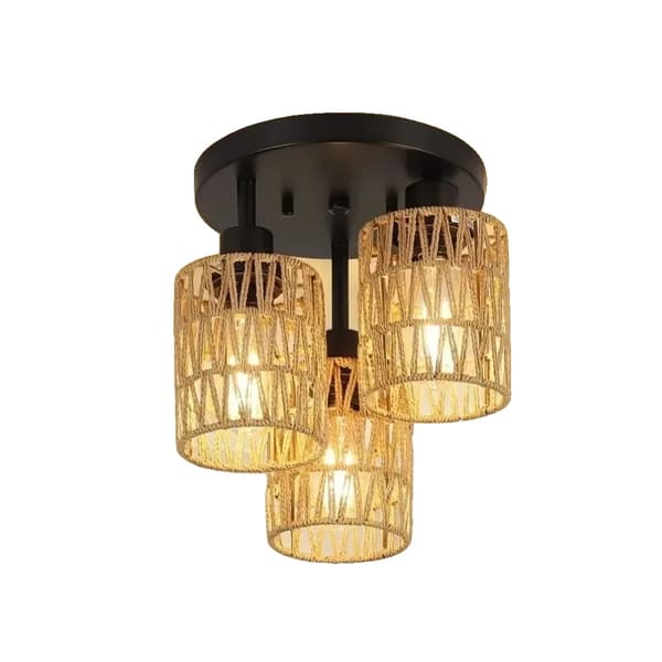 Lätt Rattan Kandelaber, Handvävd Wicker Skärm, Sladdpendelinstallation,3, Ingen lampa