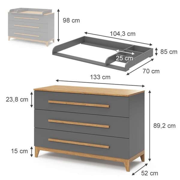 Vitalispa Malia skötbord, Grå, 133 x 98 cm XL med 3 lådor