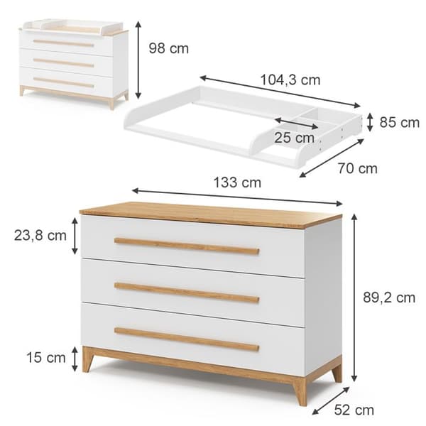 Vitalispa Malia skötbord, Vit, 133 x 98 cm XL med 3 lådor