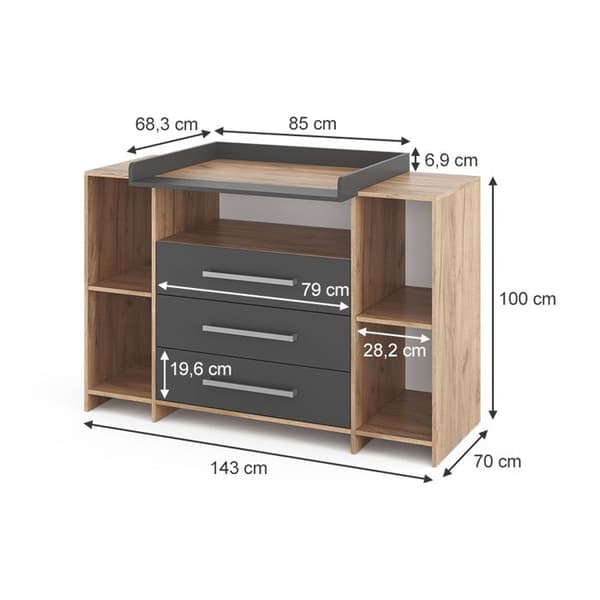 Vicco Oskar skötbord, gyllene ek, 143 x 100 cm XL med lådor