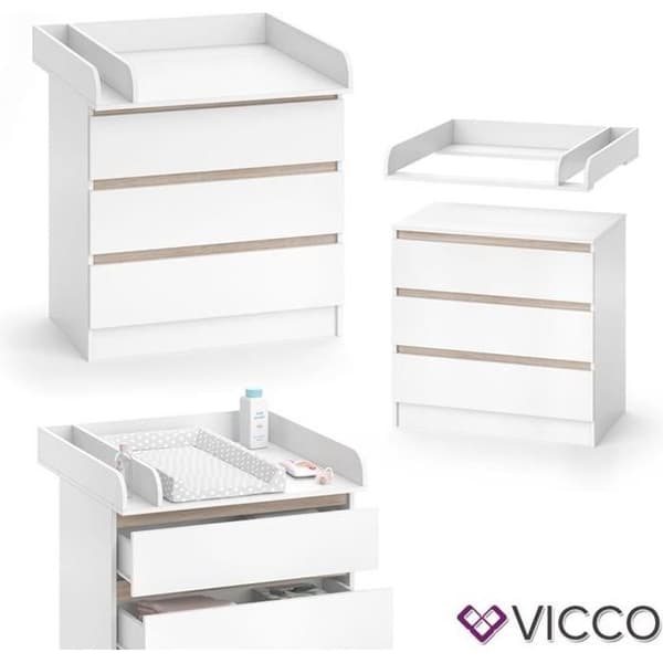 Vicco Emma skötbord - 3 lådor med avtagbar skötbricka Sonoma vit