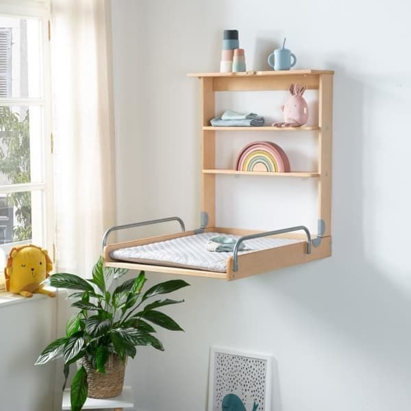 ROBA Väggmonterad Skötbord - Fällbar och Vikbar - Skötbädd och Integrerade Hyllor - Lätt att Installera - Naturträ