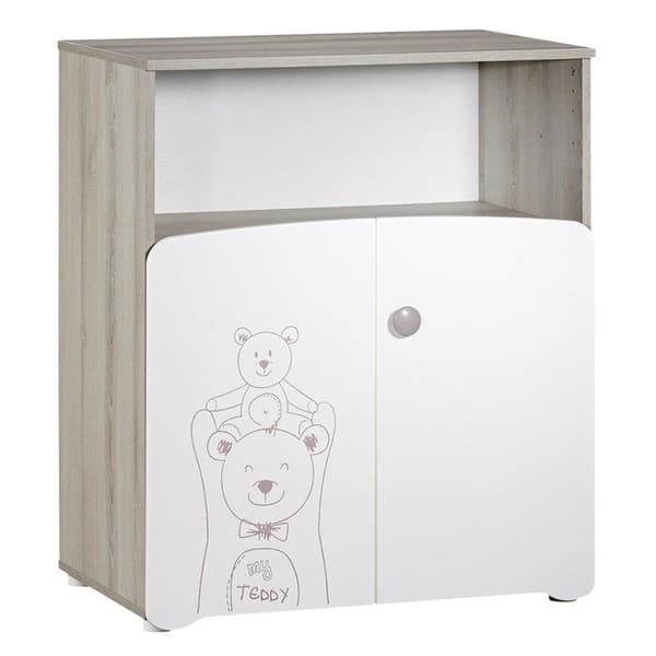Byteskrin - Babypris - Teddy - Vitt trä - Bear screentryck - 2 dörrar - 97x76x66cm