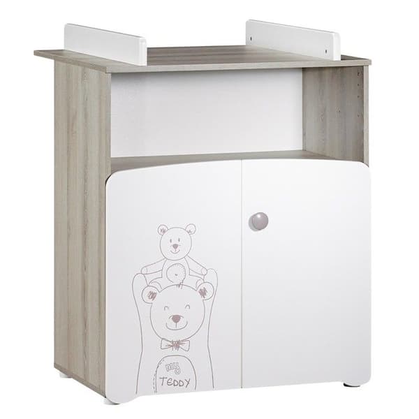 Byteskrin - Babypris - Teddy - Vitt trä - Bear screentryck - 2 dörrar - 97x76x66cm