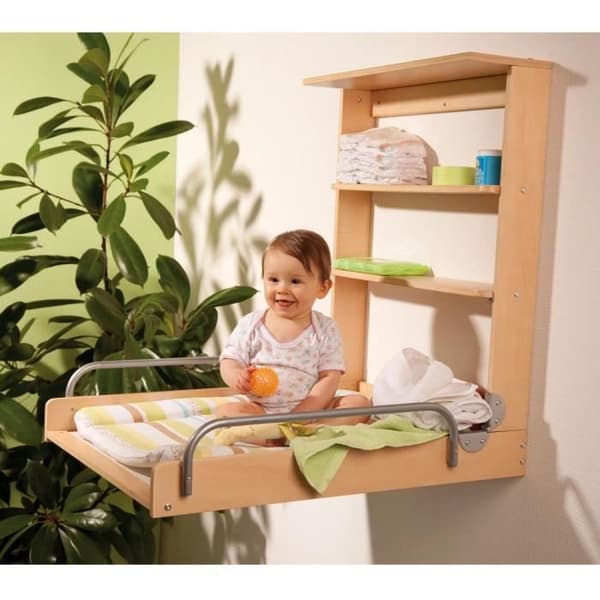 Väggmonterat hopfällbart skötbord - ROBA - DSCHUNGELBABY - Flerfärgad randig madrass ingår - 2 integrerade hyllor - Naturträ