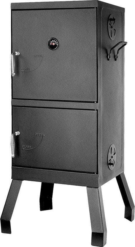 Square Barbecue - Kol BBQ med termometer - stor kapacitet - Portabel - Grill och rökare utomhus - Grill med 2 dörrar - Svart - 40,5 x 37,5 x 102 cm