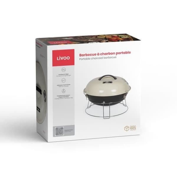 Kannettava hiiligrilli - LIVOO - DOC301 - ø34 cm - Kromigrilli - Korkeus 18 cm - Kahvat - Turvasalvat