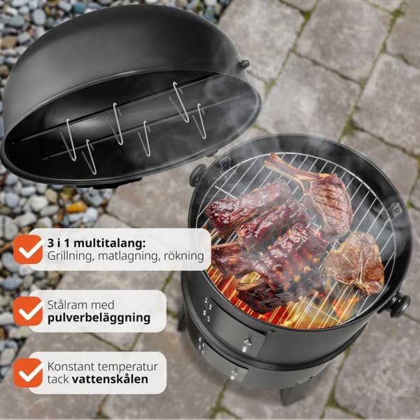 Röktunna, BBQ smoker 3 i 1 - svart