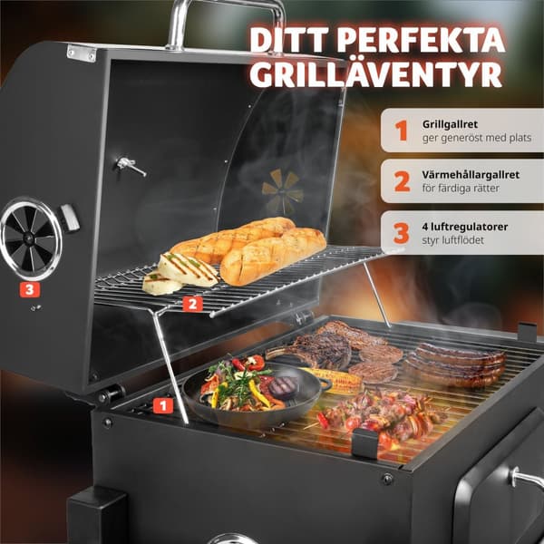 Kolgrill Florian, höjdjusterbar med värmegaller, med termometer - svart