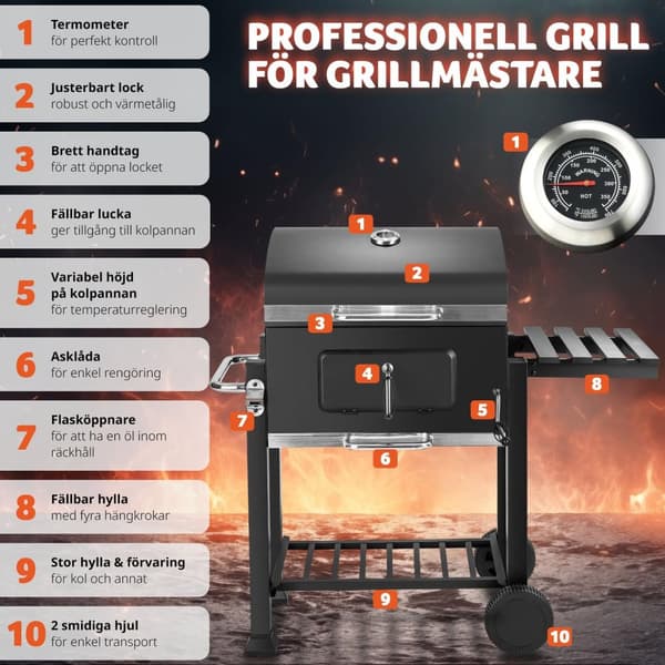 Kolgrill Florian, höjdjusterbar med värmegaller, med termometer - svart