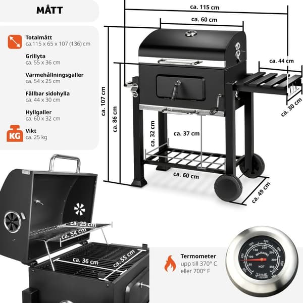 Kolgrill Florian, höjdjusterbar med värmegaller, med termometer - svart