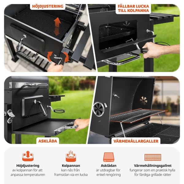 Kolgrill Florian, höjdjusterbar med värmegaller, med termometer - svart