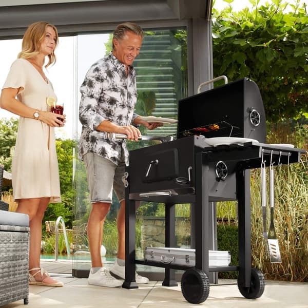 Kolgrill Florian, höjdjusterbar med värmegaller, med termometer - svart