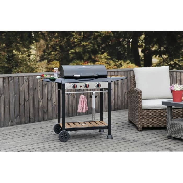 COOKINGBOX Gasgrill 3 brännare i träeffektstål med rostfritt stålklämma