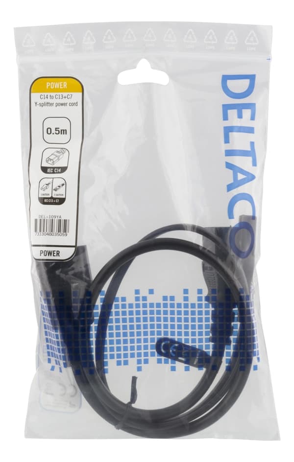 DELTACO Enhetskabel C14 til C13+C7, 0,5 m, svart
