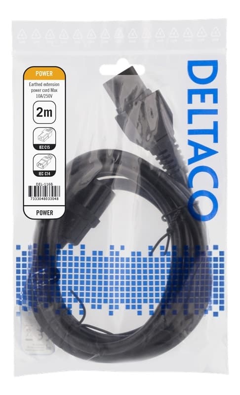 DELTACO 2 m jordingskabel IEC 60320 C15 - IEC6320 C14, 250V/10A, svart