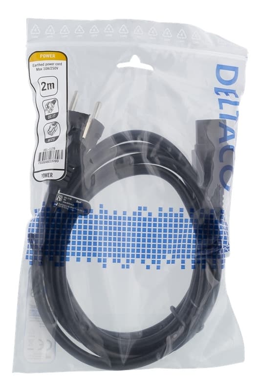 DELTACO apparatkabel IEC C15 - CEE7/7, 2m, svart