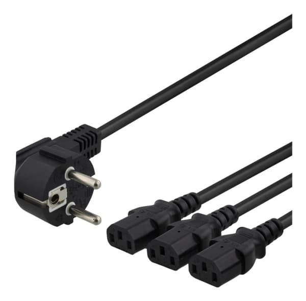 DELTACO apparat Y-kabel, 3-veis CEE 7/7-3xIEC C13, 1m+2m, svart