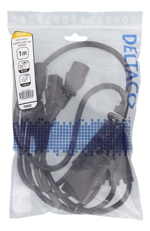 DELTACO Apparatkabel IEC C20 - 5x IEC C13, 1m, 16A/250V, Y-Splitter, s
