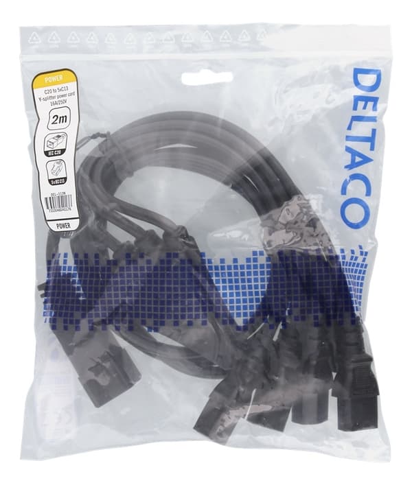DELTACO laitekaapeli IEC C20 - 5x IEC C13, 2m, 16A/250V, Y-haaroitin