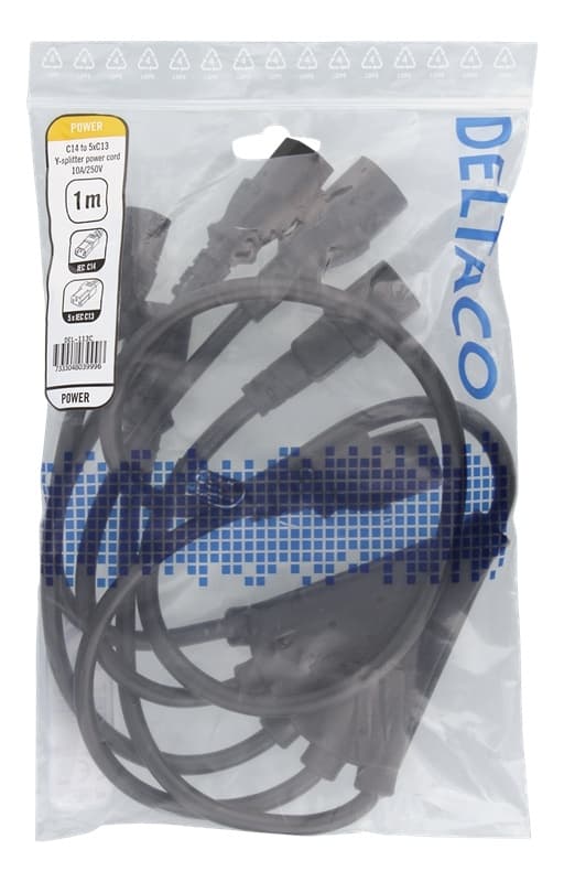 DELTACO IEC C14 to 5x IEC C13 Power cable, 1m, 10A/250V, Y-Splitter, b